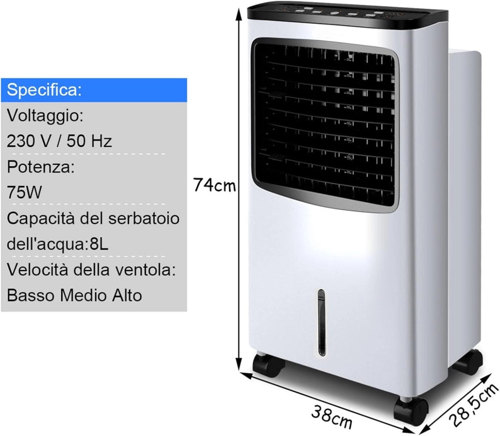 Condizionatore Portatile, Raffreddatore d’aria con Serbatoio Acqua 8L, 3 Modalità, 3 Velocità, Telecomando e Ruote, 7,5H Timer, per Casa, Ufficio
