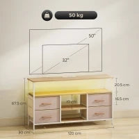 Mobile TV con Luce LED e Prese Porte USB Ripiani Aperti 4 Cassetti pieghevoli 120x30x67,5 cm Beige e Bianco