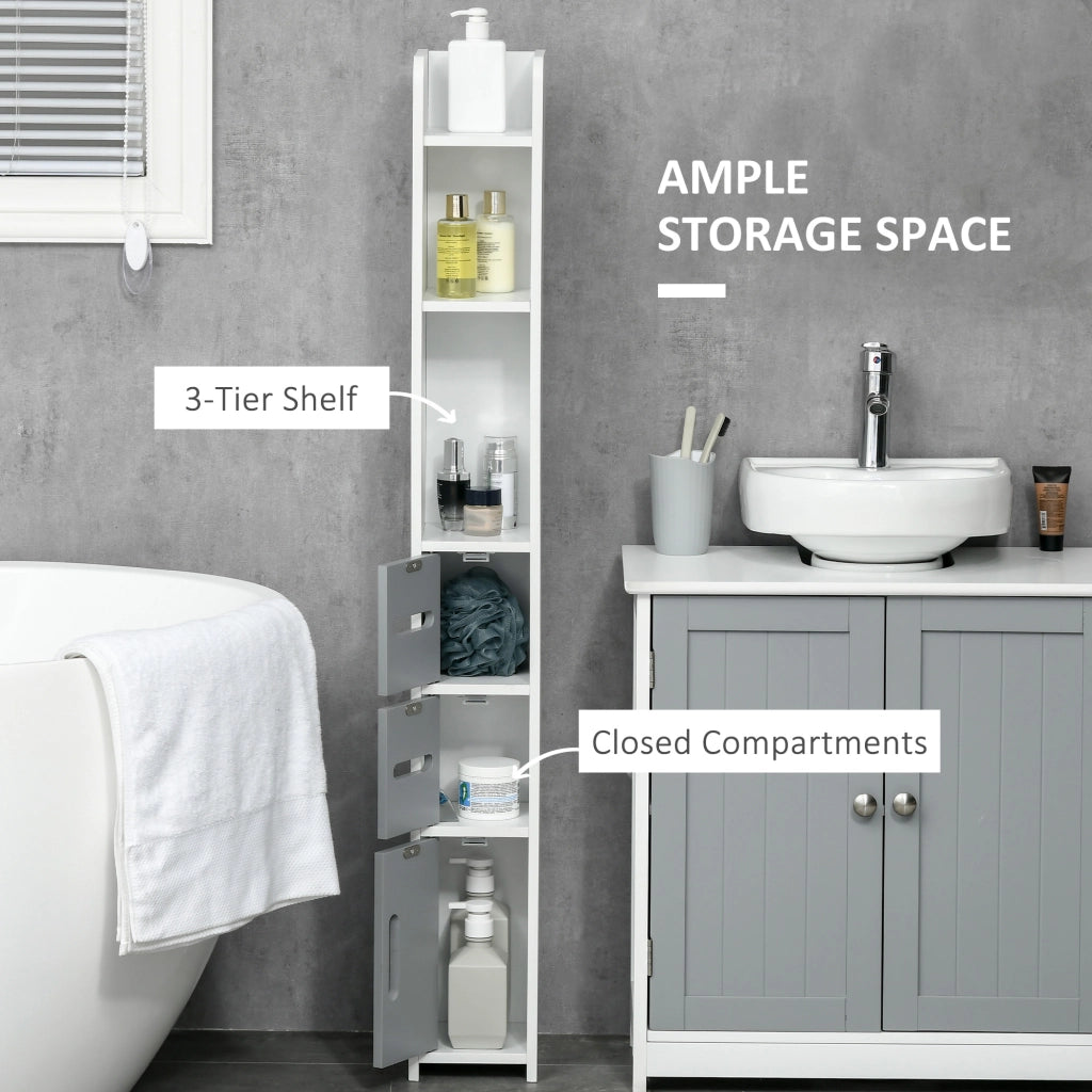 EasyComfort Colonna Bagno con Mensole e Armadietti, Mobile Alto Salvaspazio in Legno 15x17x120cm, Bianco e Grigio