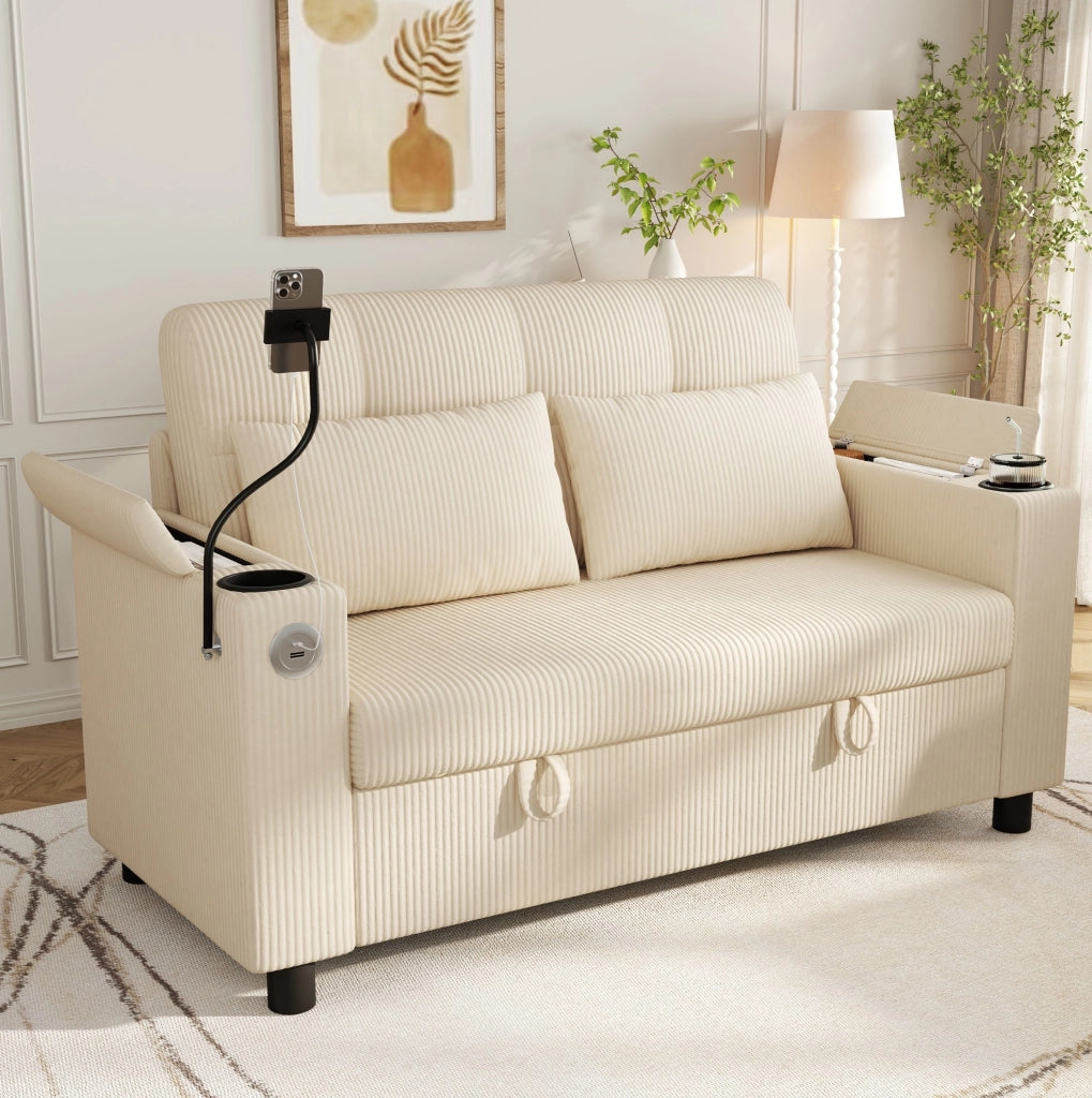 Divano 2 posti con contenitore; USB/Type-C e portabevande in velluto a coste beige HOMVRA