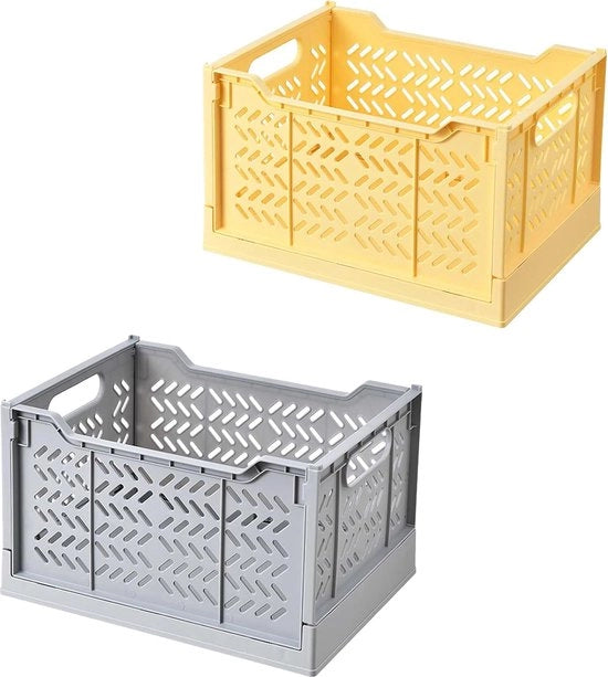Due grandi contenitori pieghevoli, 38,5 x 28,5 x 23 cm, contenitore pieghevole di archiviazione, cassa di archiviazione in plastica, grandi cassoni di archiviazione, scatole pieghevoli stabili (grigio + giallo)