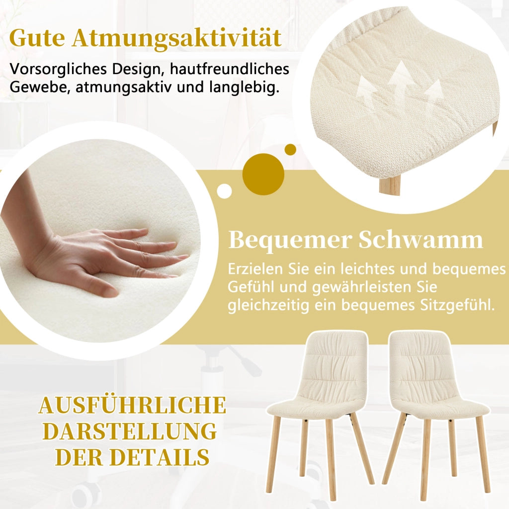 Set di 2 sedie da pranzo bianche in tessuto con gambe in rovere