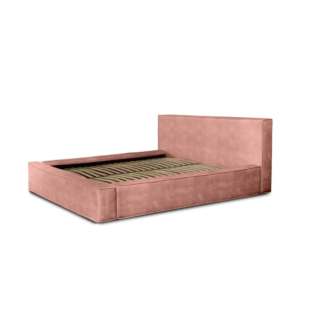 Letto contenitore VELORA – Corallo – 160x200 cm – Tessuto velluto morbido – Rete sollevabile – Contenitore integrato