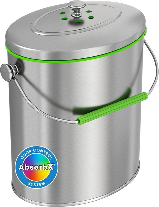 Compostiera in Acciaio Inox 1.6 Galloni - Filtro Antidue  AbsorbX - Impermeabile - Resistente al Corrosione - Spaziale - Bacinella per Rifiuti di Cucina da 6 Litri per Sotto il Lavabo