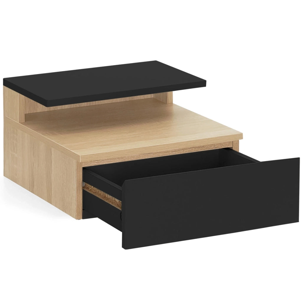 IDMarket - Set di 2 comodini a parete TOMI con mensole sospese + 1 mensola in legno effetto faggio e cassetto nero