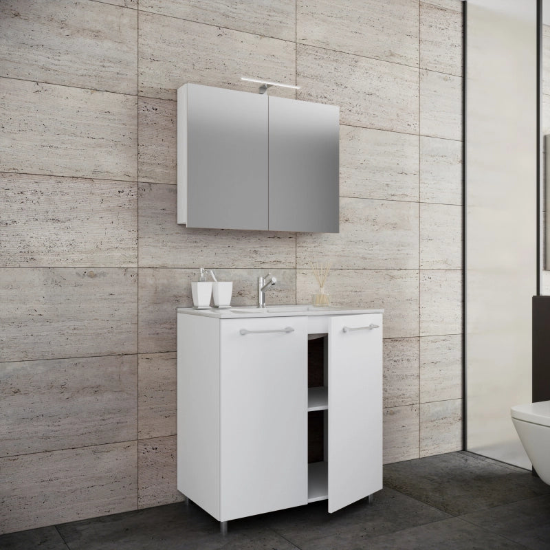 Completo di Ezooza Mobile Sospeso con 2 sportelli Large con lavabo in ceramica di alta qualità e mobile specchio, Bianco ,