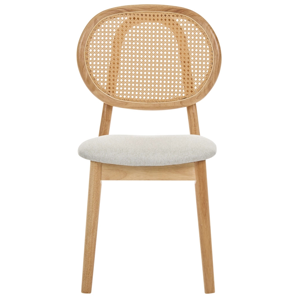 Set di 2 sedie da pranzo con struttura in legno e rivestimento in tessuto marrone chiaro e beige, schienale ovale con intreccio viennese, stile Japandi