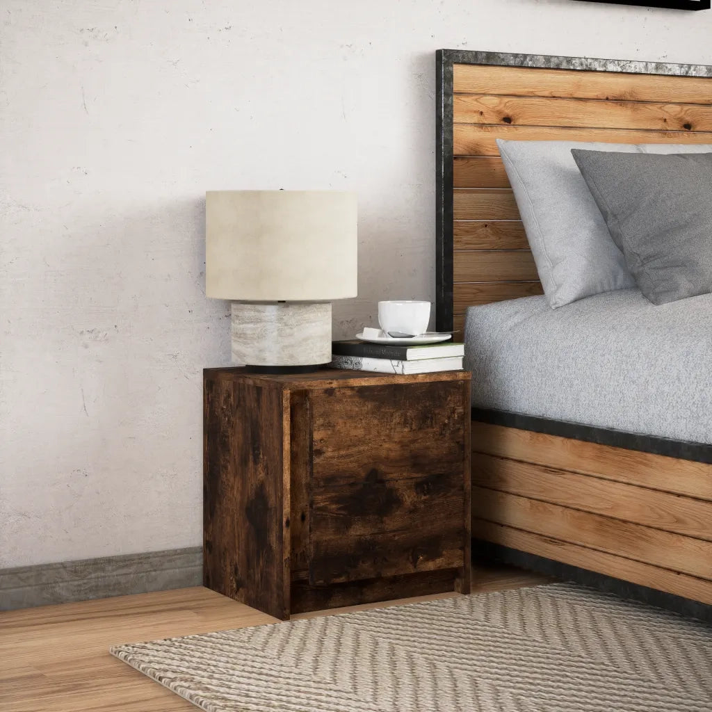 Comodino con Luci LED Rovere Fumo in Legno Multistrato