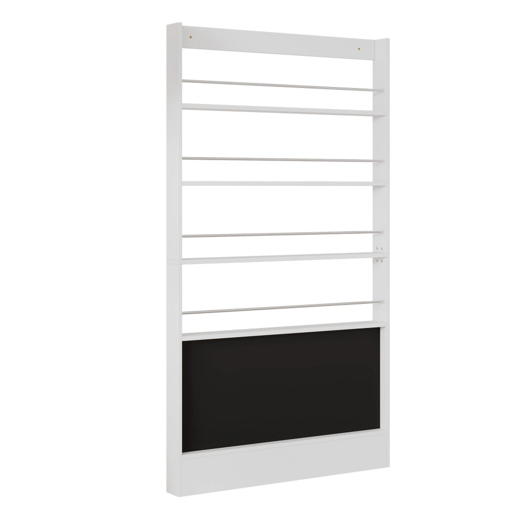 Libreria doppia salvaspazio da 100x10x180 cm, bianca, con lavagna nera, protezione antiribaltamento