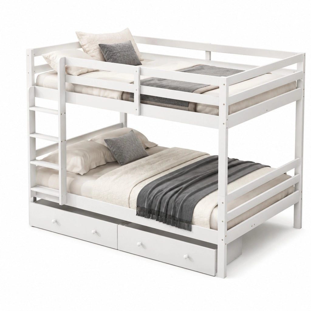 Letto a castello 140x200 cm in pino e MDF con cassetti e scala; bianco
