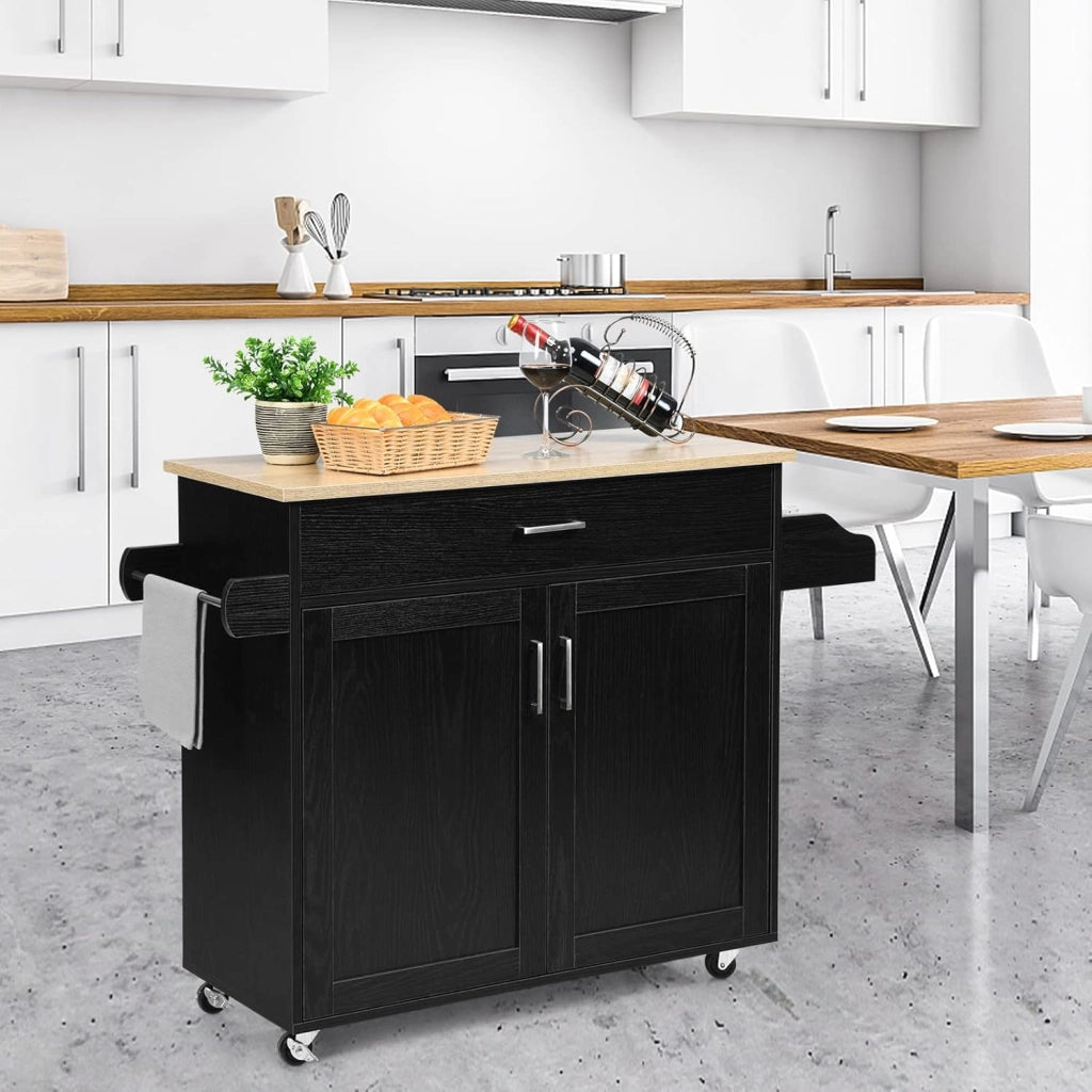 Carrello da Cucina con Ruote di Gomma, Isola Cucina con Cassetto e Ripiano Regolabile, Mobile Credenza Salvaspazio Porta Microonde, Portaspezie, Portasciugamani, 116 x 40 x 85 cm (Nero)
