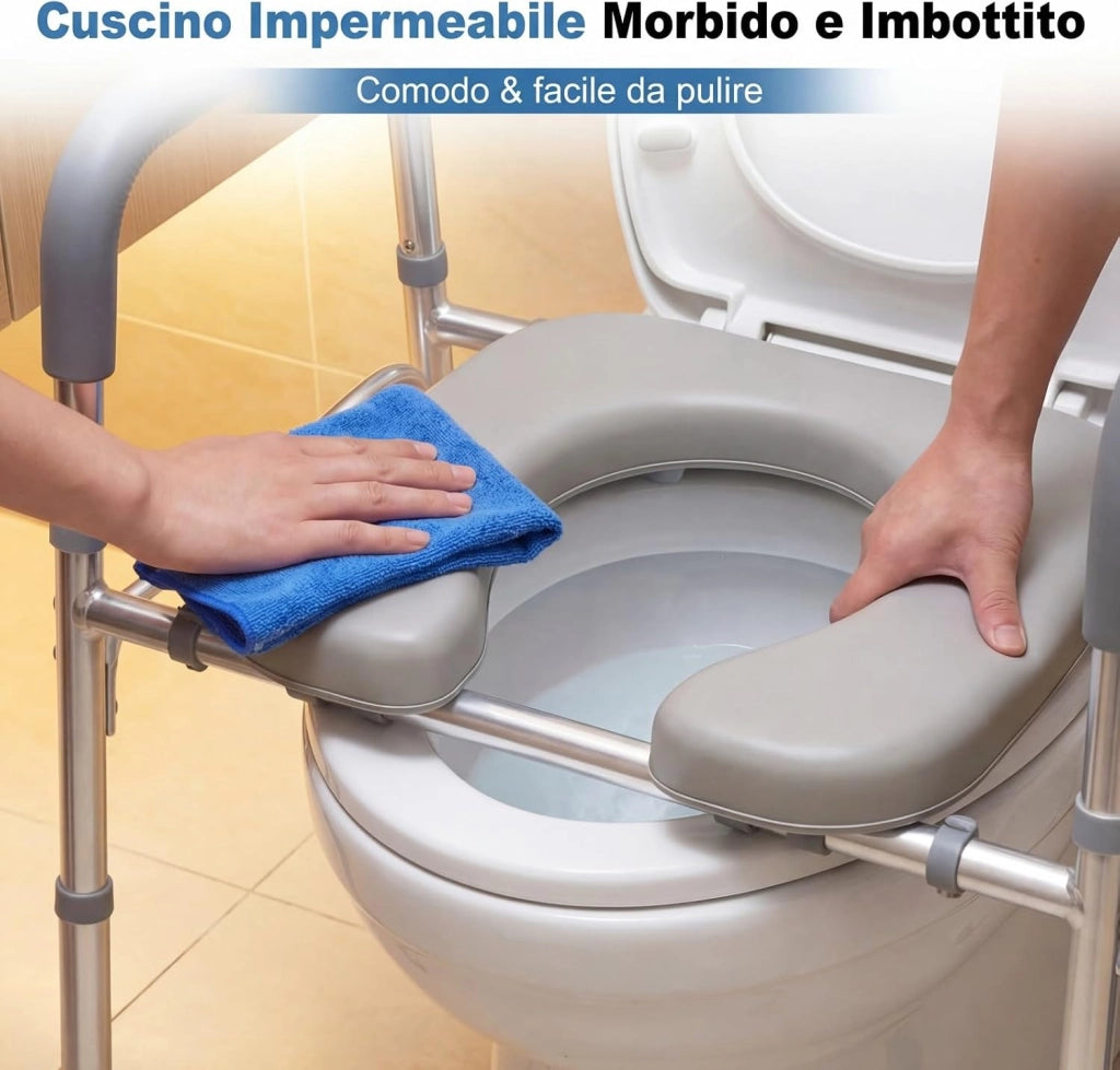 Ringhiera di Sicurezza WC, Barra Bagno con Braccioli Imbottiti, Portacarta Igienica e Tasca Portaoggetti, Altezza Regolabile in 5 Posizioni, Rialzo WC per Anziani, Donne Incinte e Pazienti