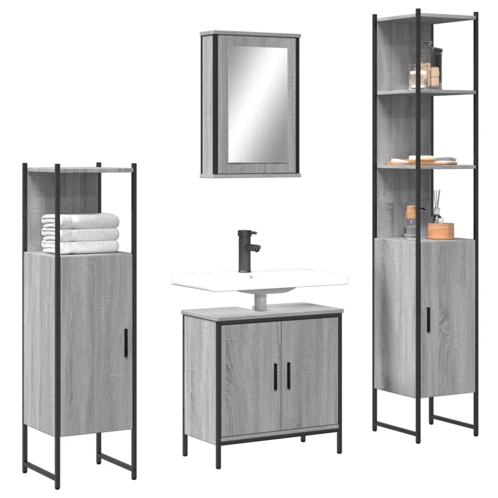 Set Mobili da Bagno | Armadio da bagno 4 pz Grigio Sonoma in Legno Multistrato