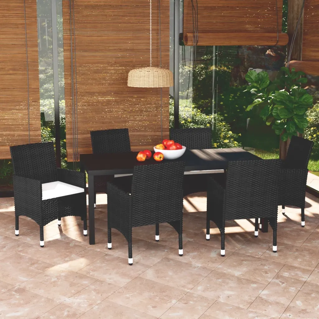 Set da Pranzo per Giardino 7 pz con Cuscini Polyrattan Nero 3095013