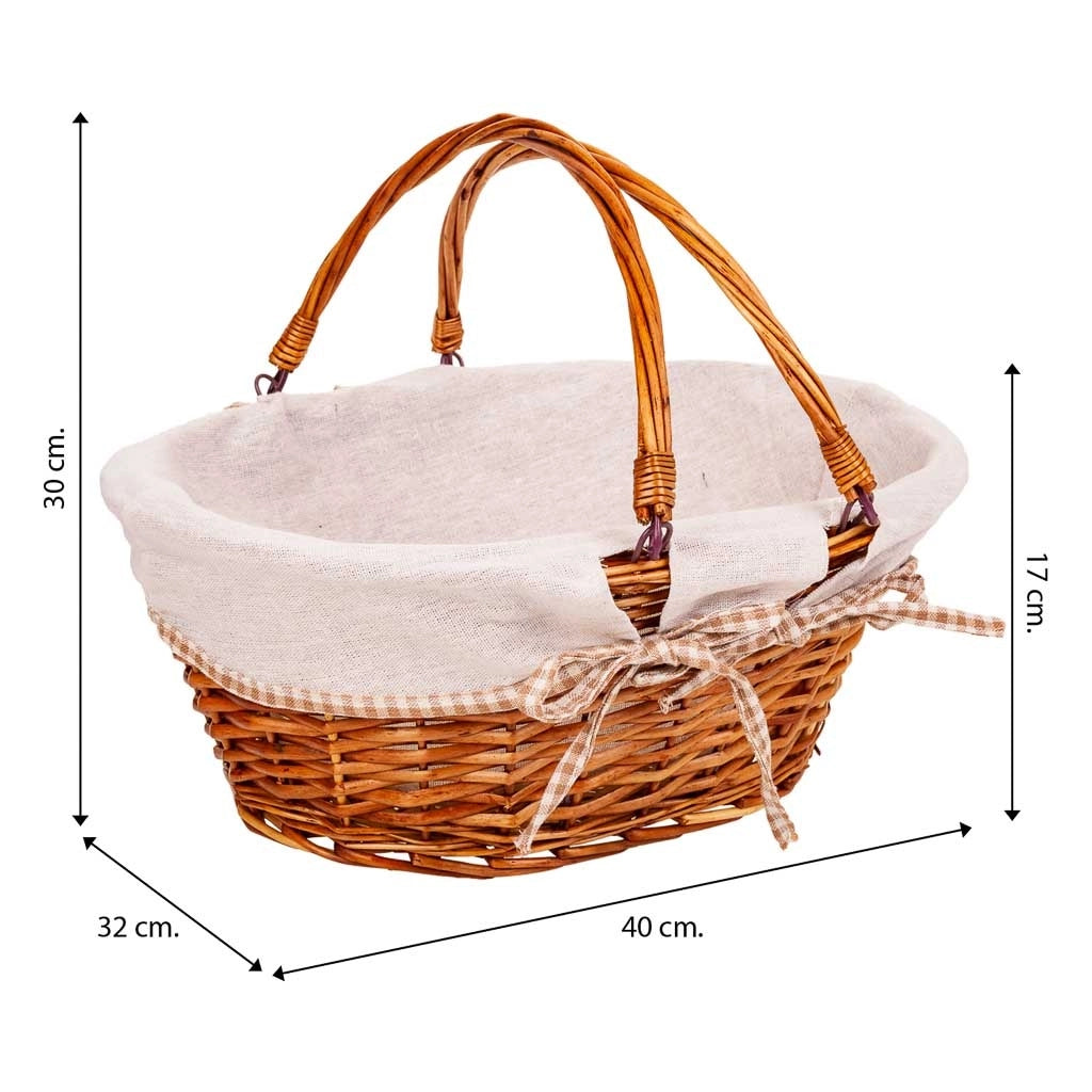 Cesto in vimini foderato con manico pieghevole marrone 40x32x17/30h