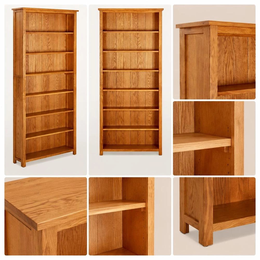 Bookshelf With 7 Compartments, 90x22.5x200 Cm, Solid Oak Wood