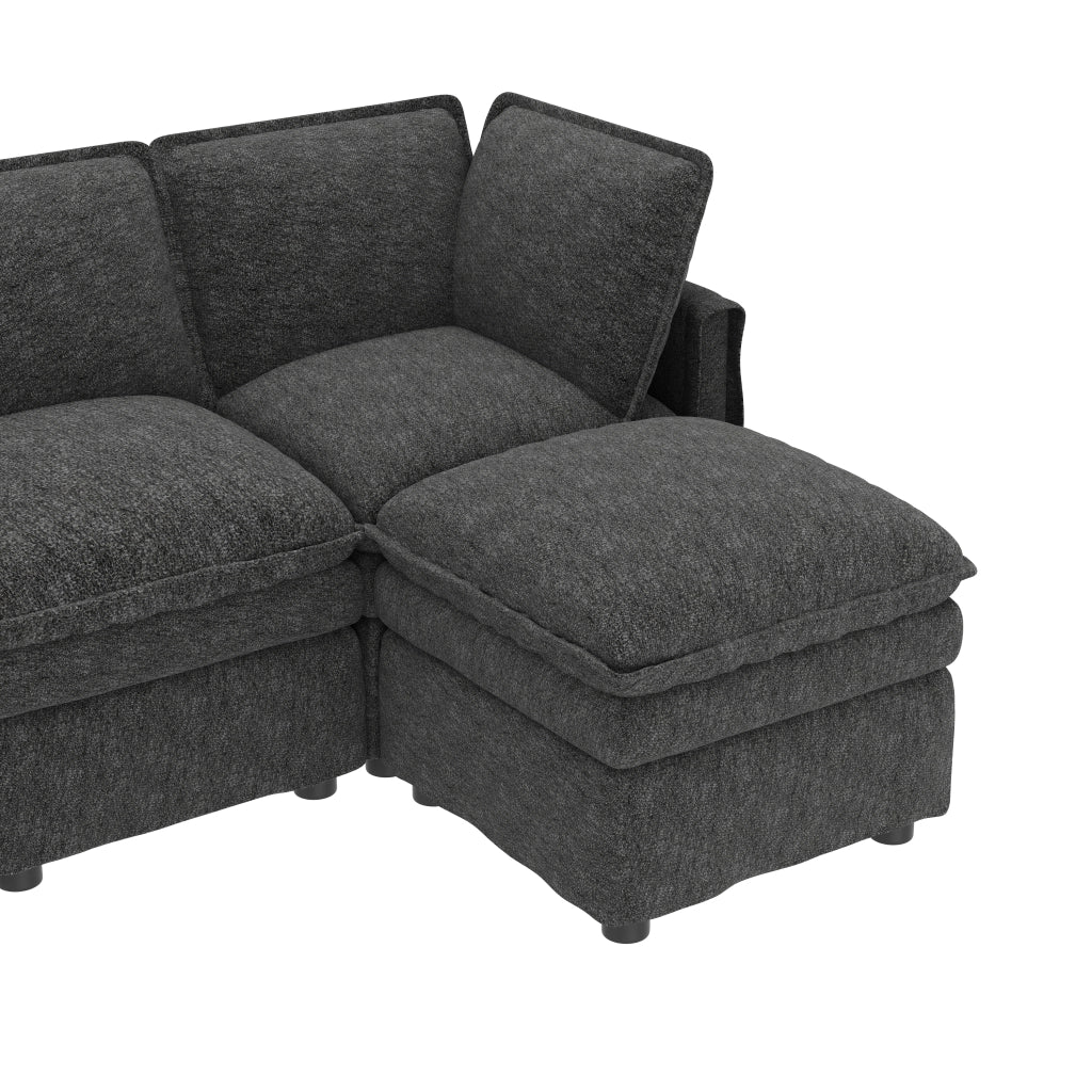 Divano modulare XXL 6 posti con funzione letto e pouf mobile componibile a U o L in chenille grigio 344 × 127 × 91 cm