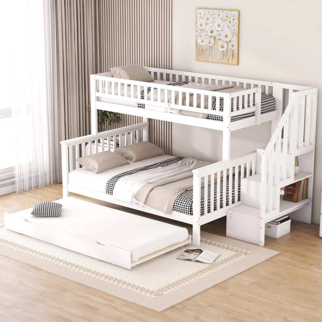 OKWISH Letto a castello 90×200 cm e 140×200 cm, Letto 3 Posti con Letto estraibile, Scala contenitore e Mensole, senza Materasso, Bianco