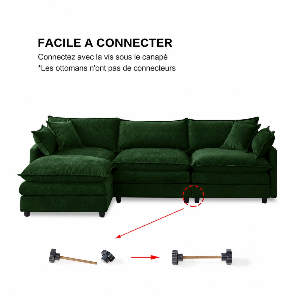 Divano angolare modulare a 3 posti con chaise longue e pouf in chenille verde