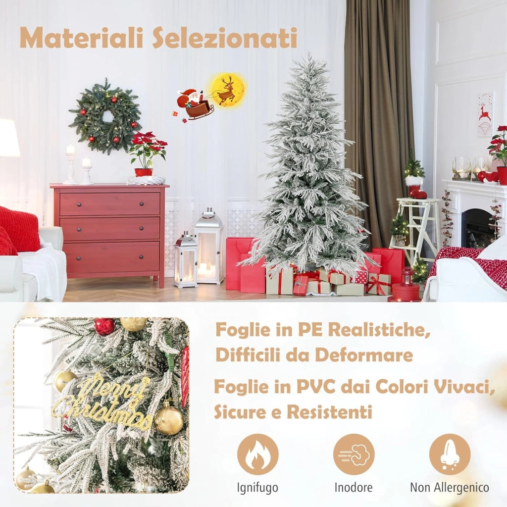 Albero di Natale Artificiale Innevato 180 cm, Albero di Natale Pre-illuminata con 250 Luci LED Bianco Caldo, 594 Punte di Ramo e Supporto in Metallo