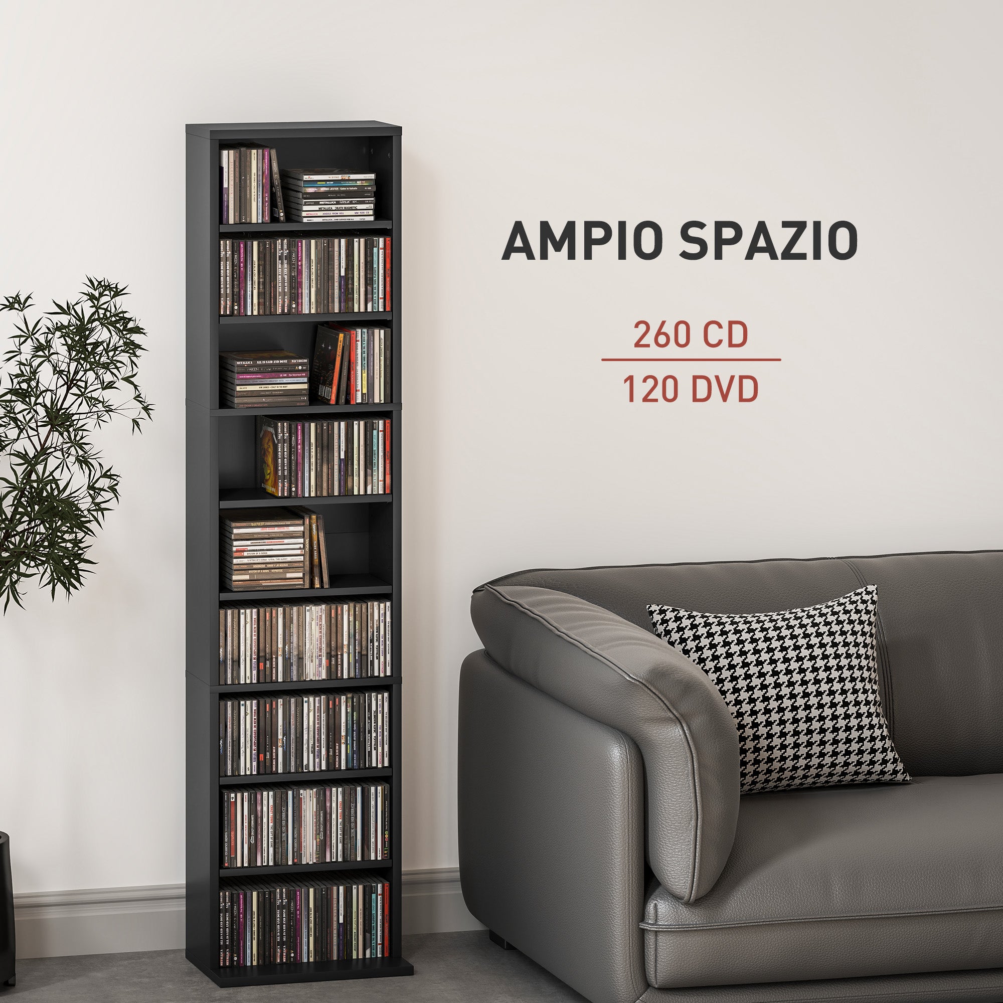 Libreria Porta CD e DVD 33x24x140 cm con 6 Ripiani Regolabili Nero