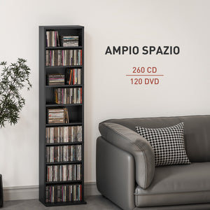 Libreria Porta CD e DVD 33x24x140 cm con 6 Ripiani Regolabili Nero