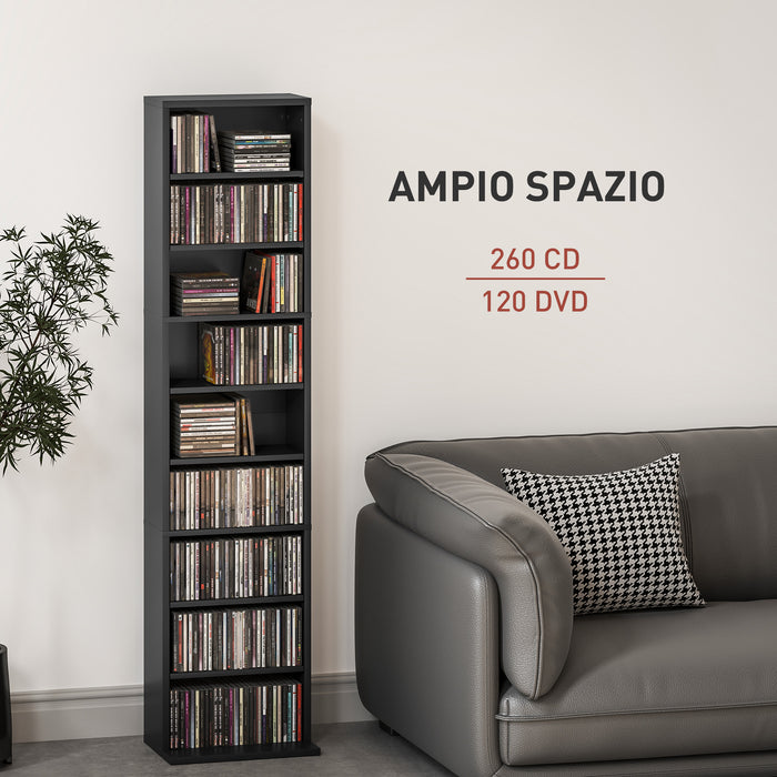 Libreria Porta CD e DVD 33x24x140 cm con 6 Ripiani Regolabili Nero