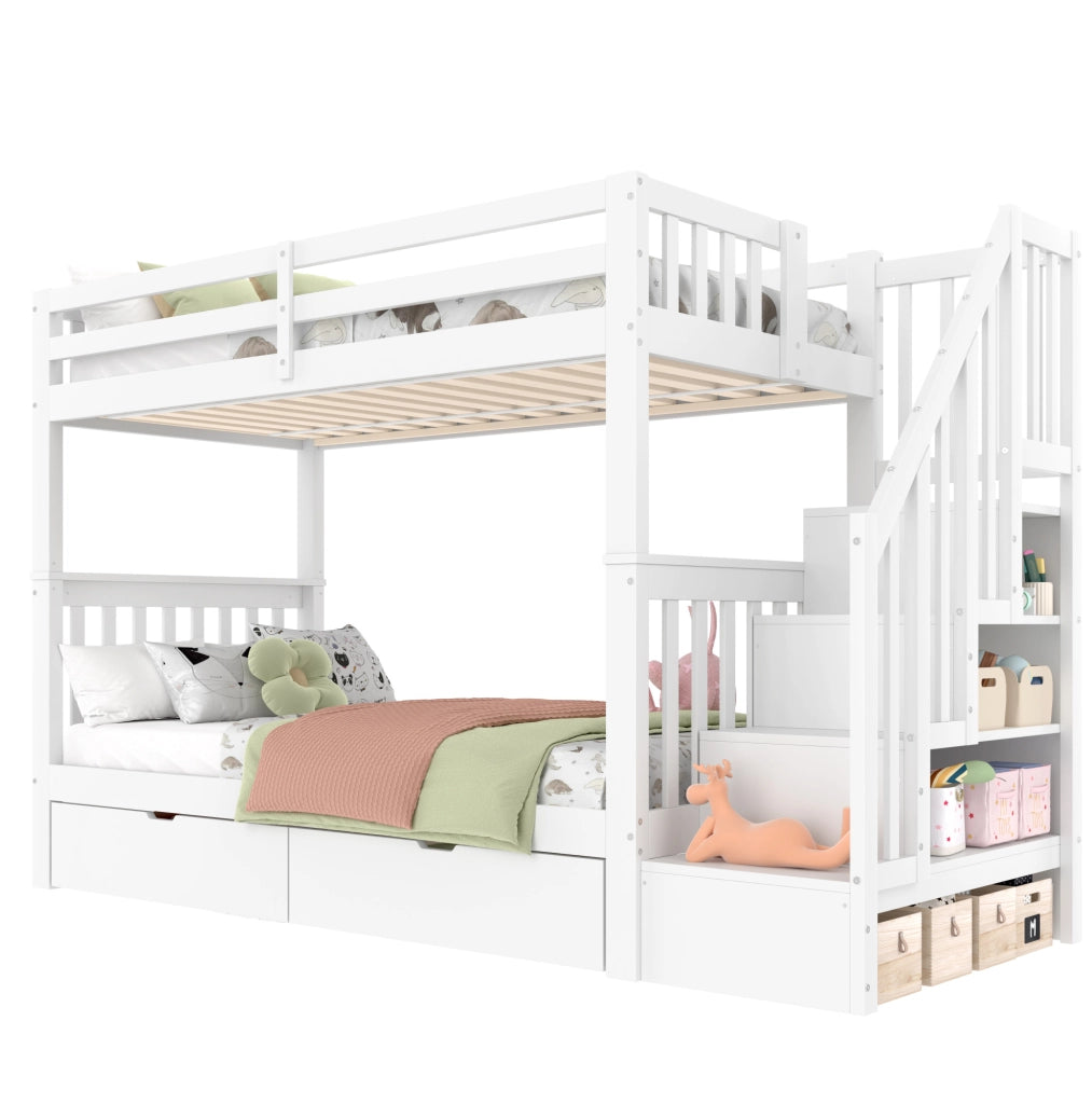 Letto a castello 90x200 cm con scala contenitore; 2 cassetti; sponde alte; bianco