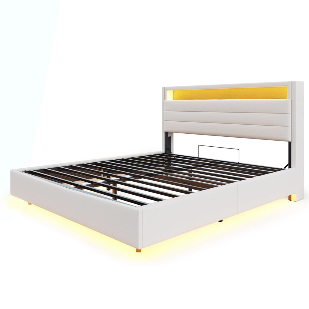 Letto imbottito 140x200 cm - Zephmum - Testiera reversibile, USB, luce LED, idraulico, spazio di archiviazione