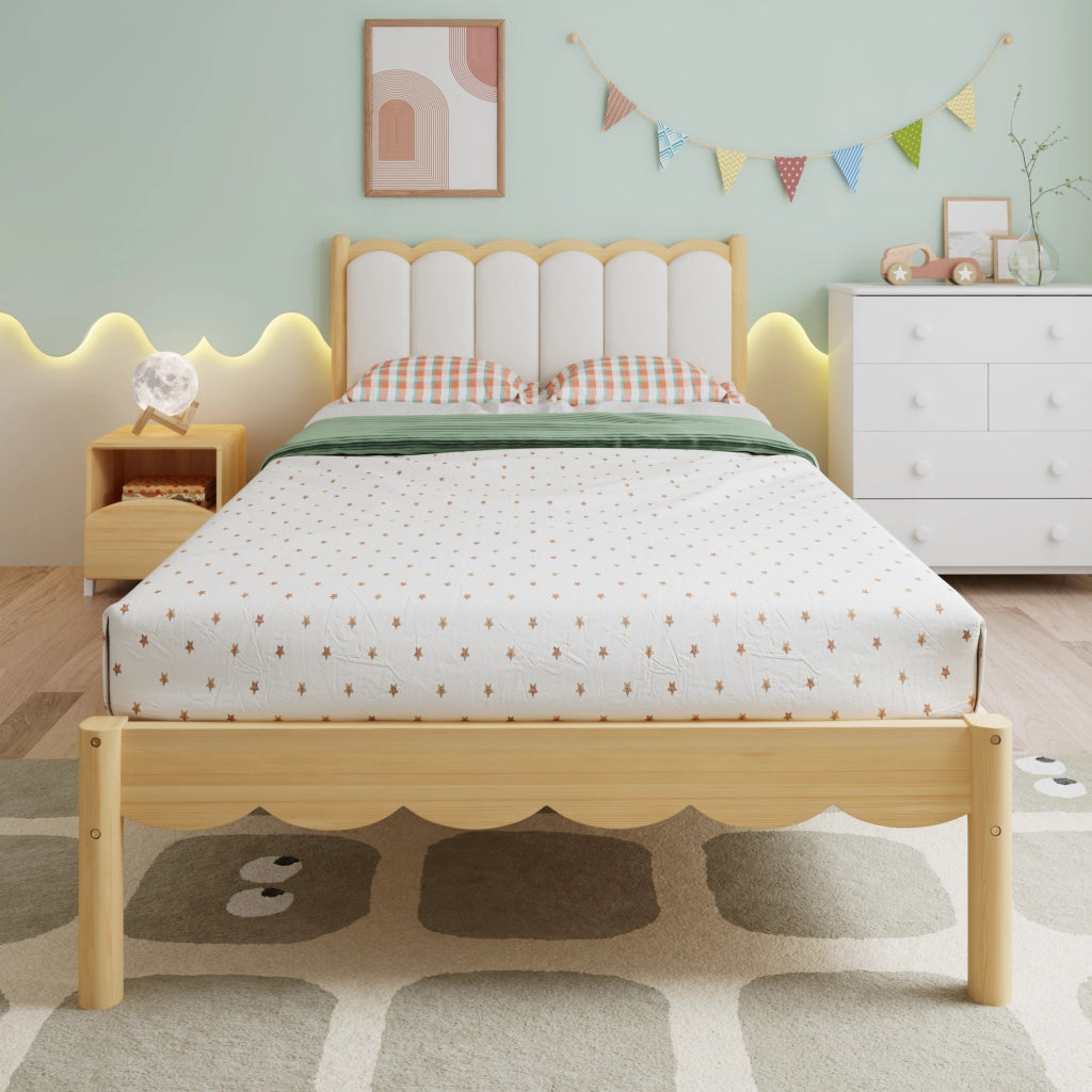 Letto per bambini 90 × 200 cm con testiera in PU, struttura in legno massiccio, senza materasso, beige naturale
