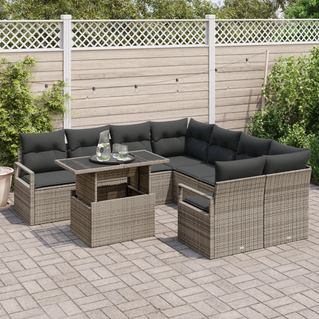 Set Divano Giardino 9 Pezzi con Cuscini Grigio Polyrattan