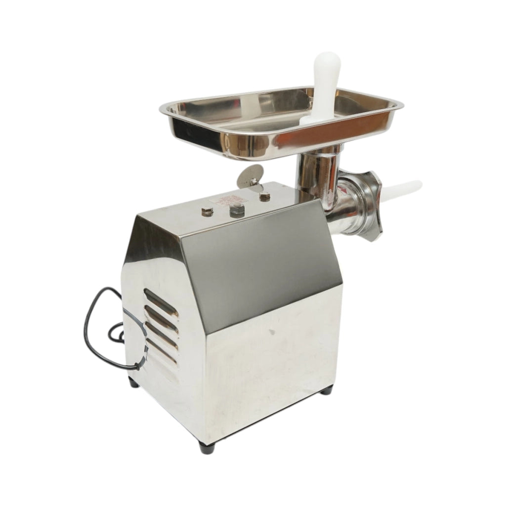 Tritacarne elettrico in acciaio inox 850W, 220V, capacità 150 kg/h, adattatore per salsicce, 2 setacci e 2 coltelli inclusi 380x210x415mm