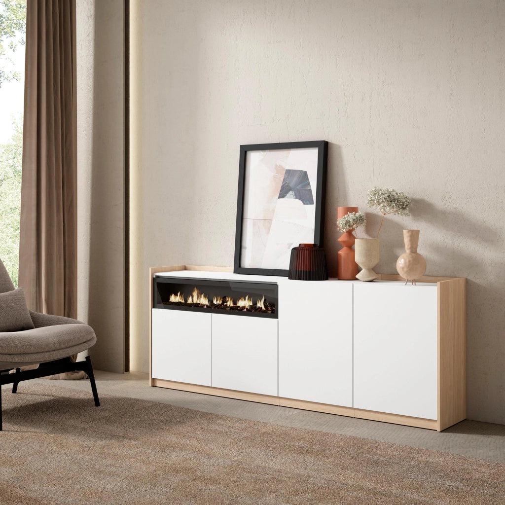 Credenza, Mobile, Cucina, 207x80x37 cm, 4 Porte, Camino elettrico, Bianco e Rovere soft