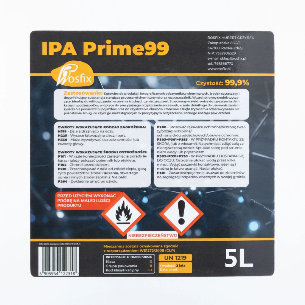 Alcol Isopropilico IPA Prime99 99,9% 5L – Massima Purezza | Pulizia e Sgrassaggio | Uso Professionale e Domestico