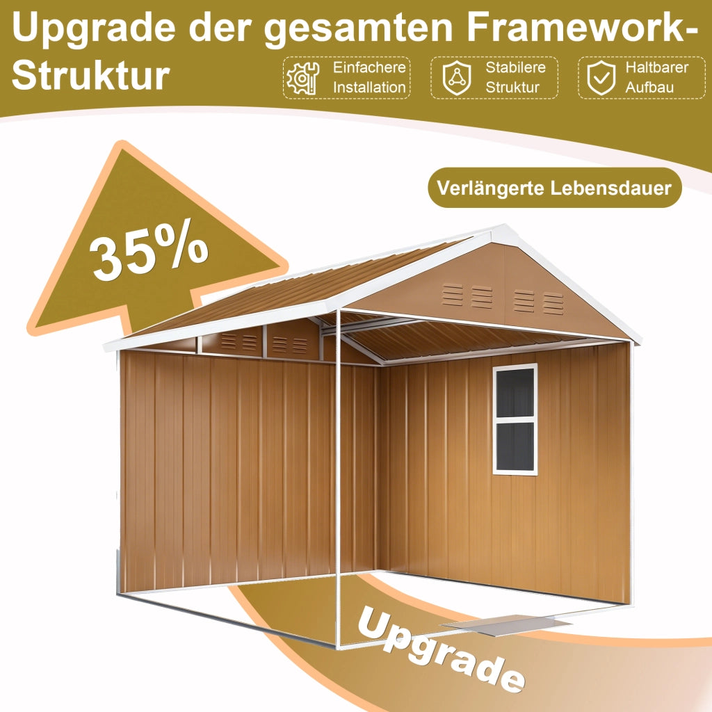 Casetta da giardino in metallo con doppia porta scorrevole, aerazione e tetto a due falde marrone 180 × 96 × 194 cm