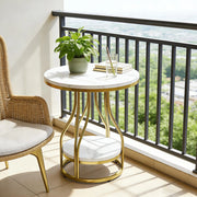 Tavolino basso fisso rotondo a 2 ripiani in marmo artificiale bianco e oro 50 × 50 × 60 cm