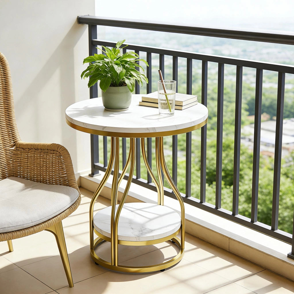 Tavolino basso fisso rotondo a 2 ripiani in marmo artificiale bianco e oro 50 × 50 × 60 cm