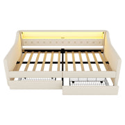 Letto singolo 90×200 cm con LED; USB e 2 cassetti; rete inclusa; senza materasso; lino; beige