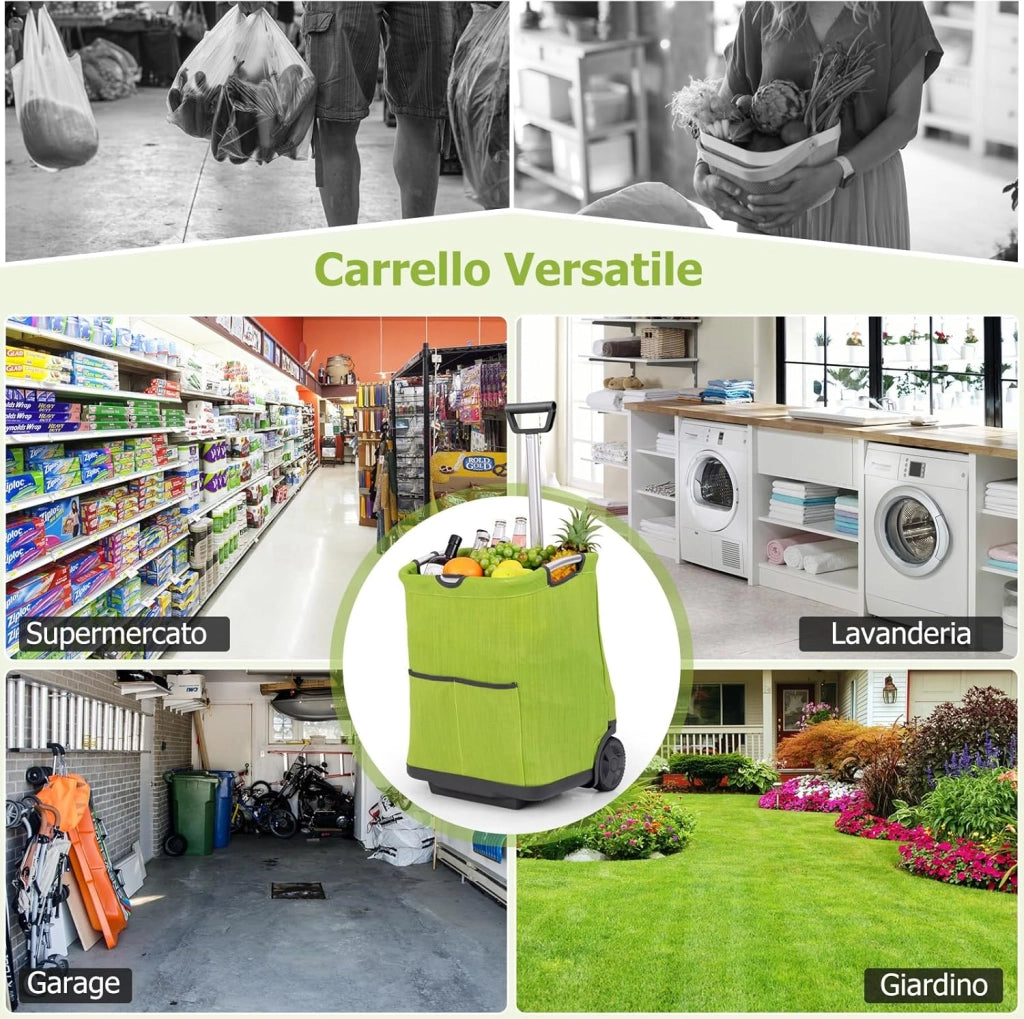 Carrello Spesa Pieghevole in Alluminio, Trolley Spesa con Ruote, Tasche Multiple e Manico Telescopico Regolabile, Capacità 50L, Caricabile fino a 35 kg (Verde)