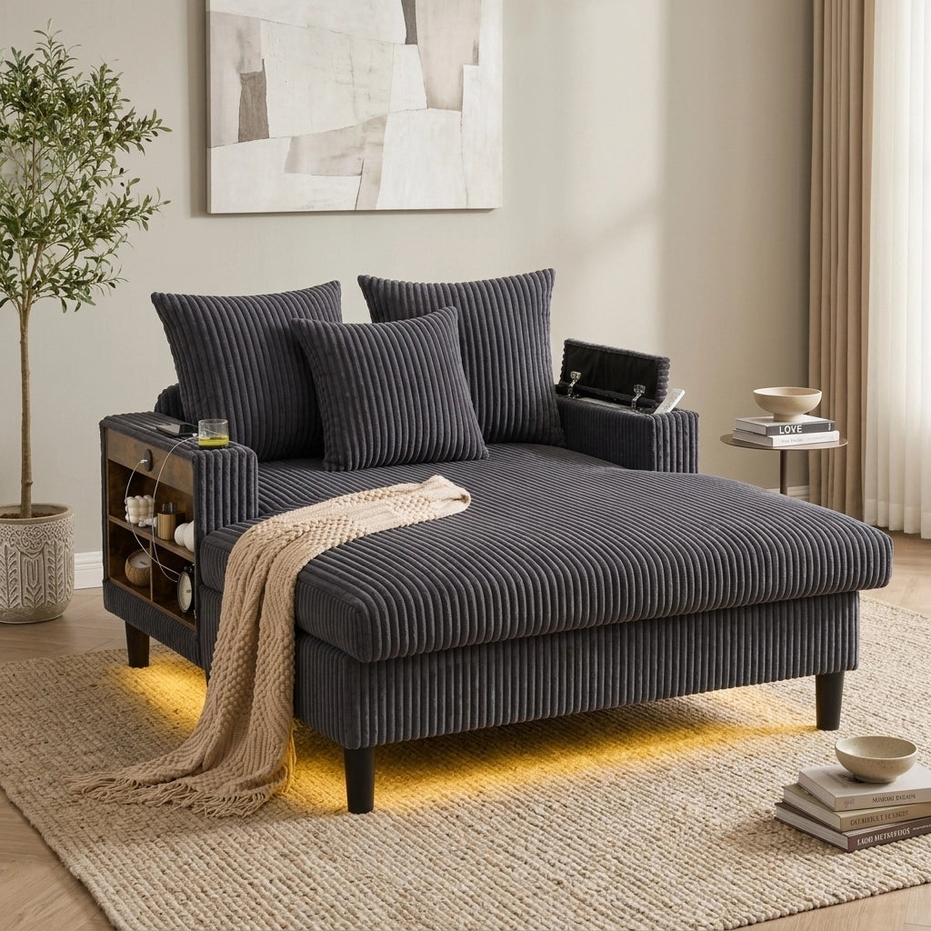 CHAISE LONGUE 129x170x70 cm in corduroy grigio scuro con LED, USB e contenitore