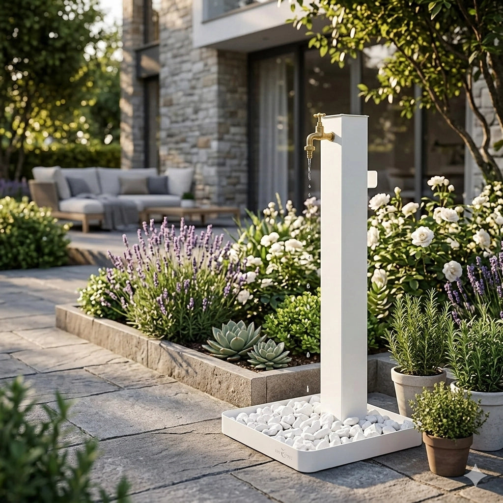 Fontana da Giardino con Rubinetto in Ottone e Base con Ciottoli 40x40x97 cm in Acciaio Bianco