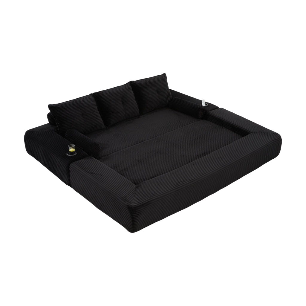 Divano letto multifunzionale in corduroy nero, 3 posti, con tasche laterali e portabicchieri, 232x98x80 cm