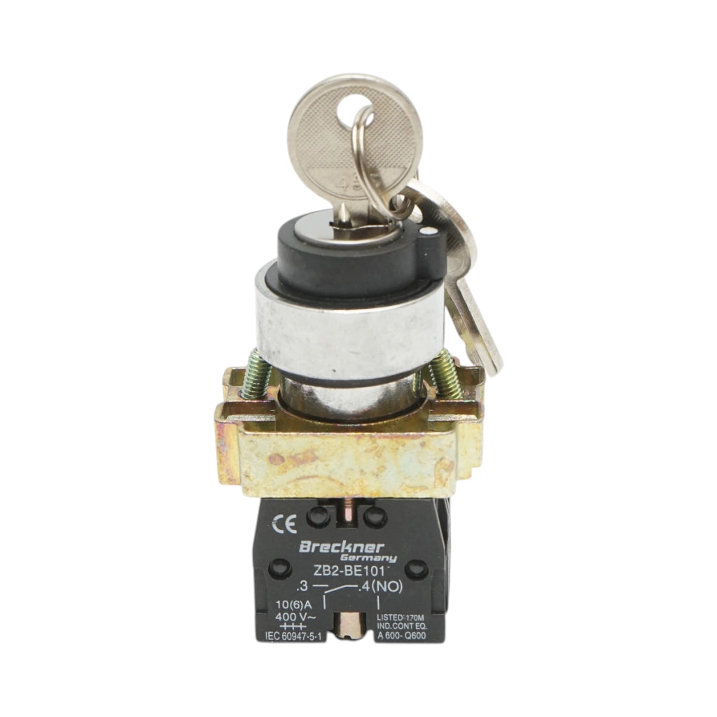 Selettore a 3 posizioni con blocco e chiave 2NO, 400V/10A, LAY5-BG03 Breckner Germany