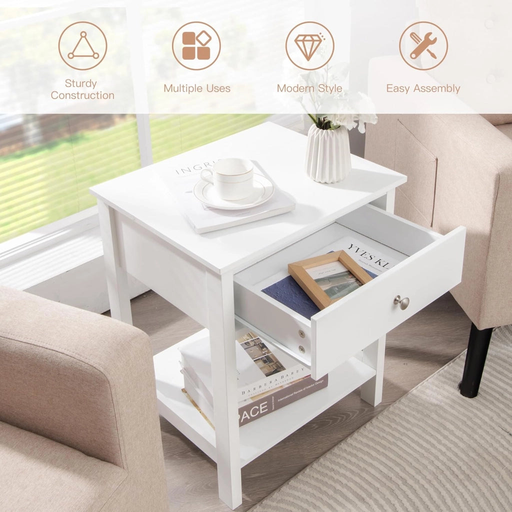 Comodino con cassetto, tavolino in legno, stile moderno, comodino a 2 livelli, con ripiano aperto, per camera da letto, soggiorno, 48 x 40 x 58 cm (bianco x 2)