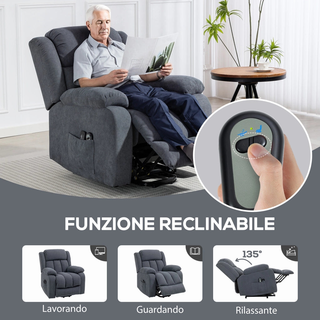Poltrona Elettrica Alzapersona Reclinabile 135° con Poggiapiedi in Tessuto Effetto Lino Grigio Scuro