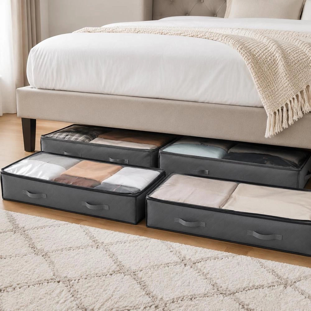 Underbed Storage Bag 4 Pieces (996 X 500 X 180 Mm) Underbed Container With Transparent Lids (90 L), Storage Box Organizer For Clothes Shoes Bedroom