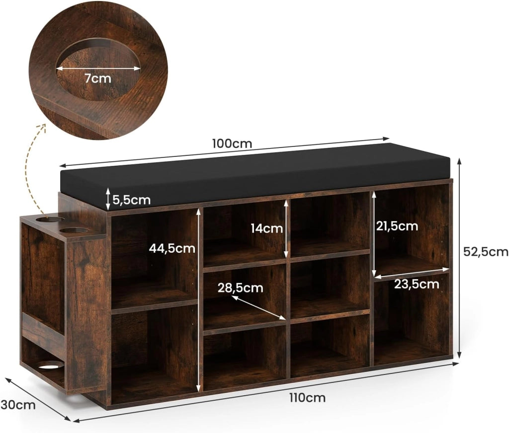 Panca Porta Scarpe con Porta Ombrelli, Organizzatore con Seduta Imbottita, 10 Cubi e Ripiani Regolabili, Scaffale Scarpe Industriale in Legno per Ingresso, Soggiorno, Camera da Letto (Marrone)