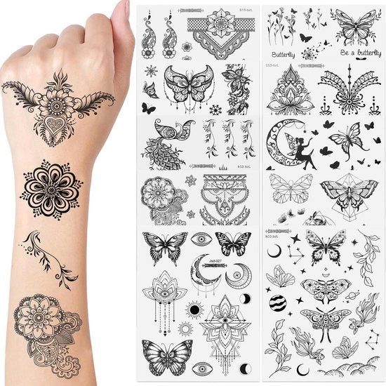 Tatuaggi temporanei a forma di mandala neri acqua-resistenti set da 10 pezzi per adulti uomini e donne