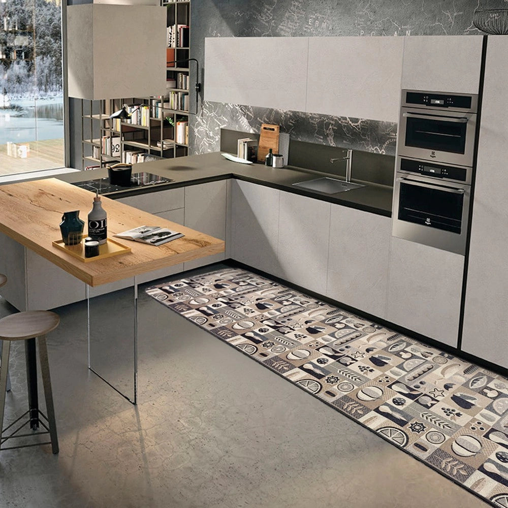Tappeto Cucina Assorbente Bordato Antiscivolo Frutta e Verdura Passatoia Lavabile 52x190 Cm Nero
