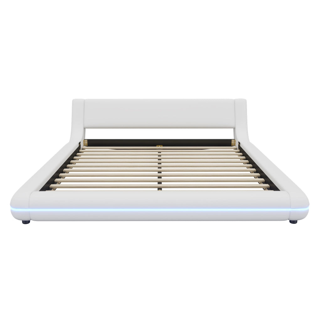Letto basso matrimoniale 160×200 cm con LED regolabile; senza materasso; in PU; bianco per camera da letto